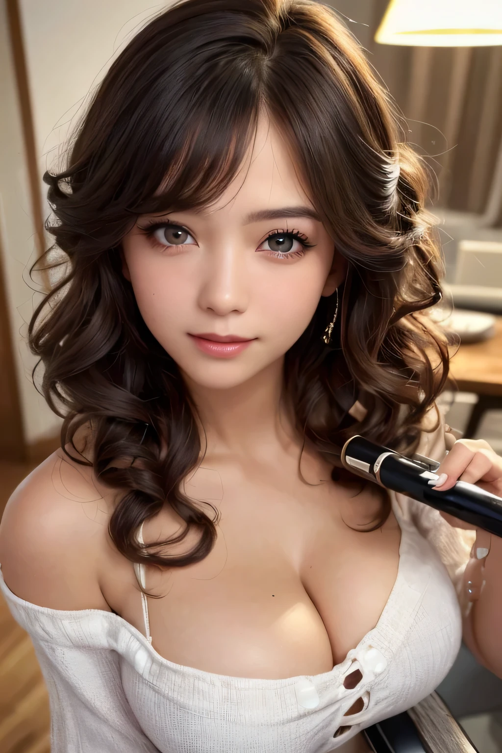 ((realistic light, highest quality, 8K, table top: 1.3)), 1 girl, beauty of slim body: 1.4, brown hair, (((super big: 1.3)), off shoulder cut top: 1.3, highly detailed face, fine eyes, double eyelid, my room, smile, cleavage, saggy breasts, (((beauty of saggy breasts)), but、that&#39;that&#39;morning、It&#39;s hot when your hair is messy., curly hair curler