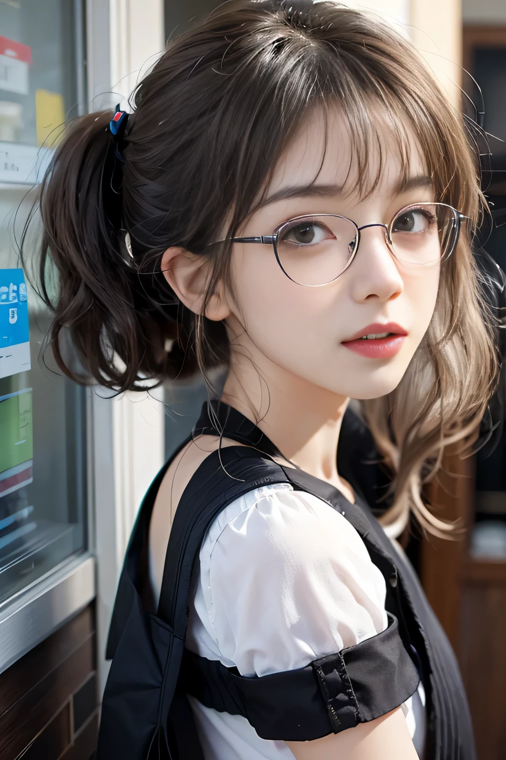 (girl standing in office room),(Rear view)),(look back), silver hair, bangs, 鈍いbangs, long straight hair, (side ponytail)aqua eye, long eyelashes, three-dimensional round eyes, compensate, open your mouth, blush, parted lips, bright pupils, smiley, enchanting smile, shine, surrealism, modern,career woman、)lou(white shirt、off shoulder tight skirt、black pantyhose、high heels、(ホワイトlouスクロップトップ, black tight skirt: 1.6)、(wearing glasses)、