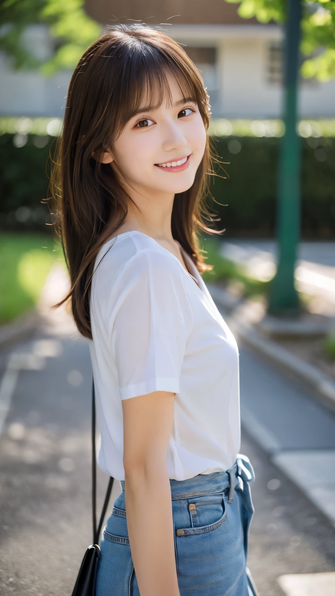 best quality ,masterpiece,ultra high res, very beautiful, kawaii, (photo realistic:1.4), 1girl, Japanese, brown hair, Cinematic, 35mm lens, f/ 1. 8, accent lighting, 8k, {{{{squat}}}}, jeans, white V-Neck shirt, short sleeve, see-through, schoolyard, summer, smile, sunbeam