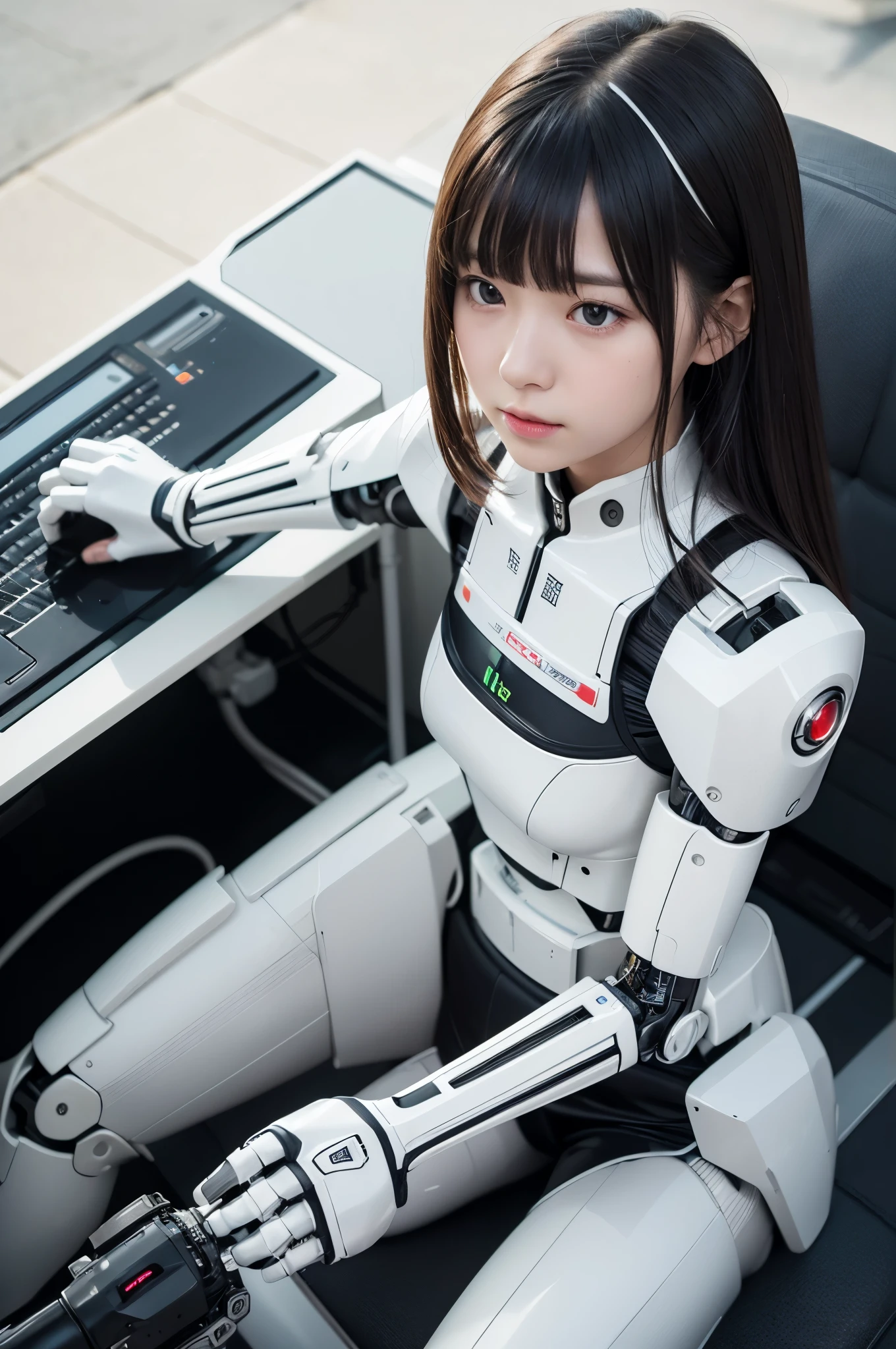 (photorealistic:1.4), (RAW photo)masutepiece, Best Quality, Extremely detailed, (Photorealistic:1.4), (8K, 4K, Best Quality, hight resolution, 超A high resolution:1.1), 8K portrait,Japaese android girl,kids,13 year old,control panels,Mechanical Hand, ,Robot arms and legs, Black hair,Mechanical body,Blunt bangs,White Robotics Parts,perfect ,Charging spot,