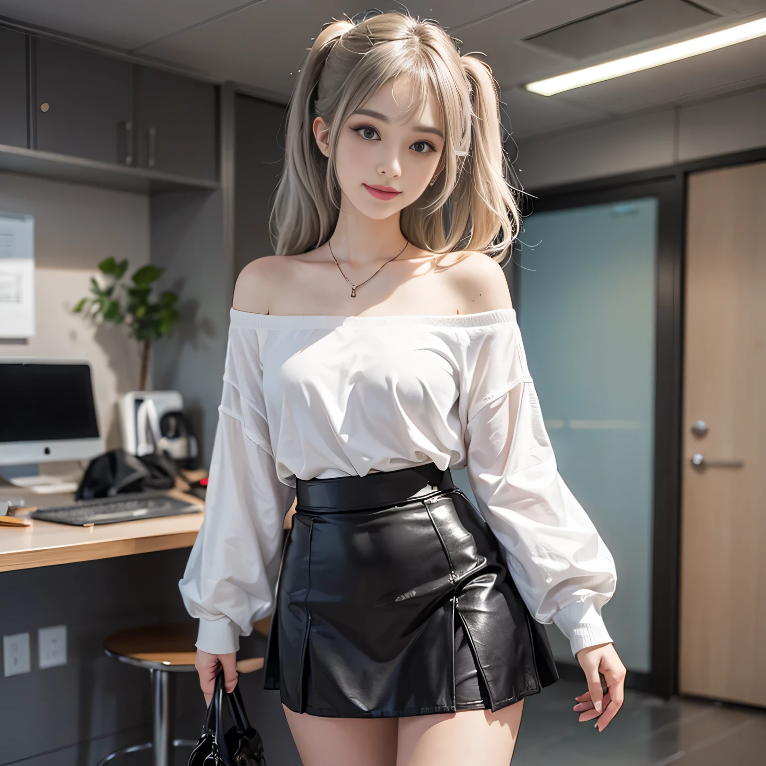 （girl standing in office room), silver hair, bangs, 鈍いbangs, long straight hair, （side ponytail）aqua eye, long eyelashes, three-dimensional round eyes, compensate, open your mouth, blush, parted lips, bright pupils, smiley, enchanting smile, shine, surrealism, modern,career woman、）lou（white shirt、off shoulder tight skirt、black pantyhose、high heels、(ホワイトlouスクロップトップ, black tight skirt: 1.6)、（wearing glasses）、
