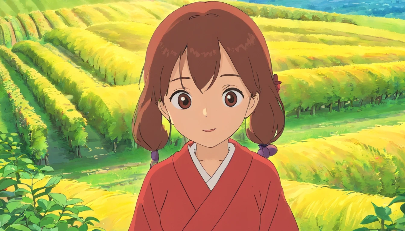 Younger sister。8 year old，one person，red clothes，vine yards，facial，Face，