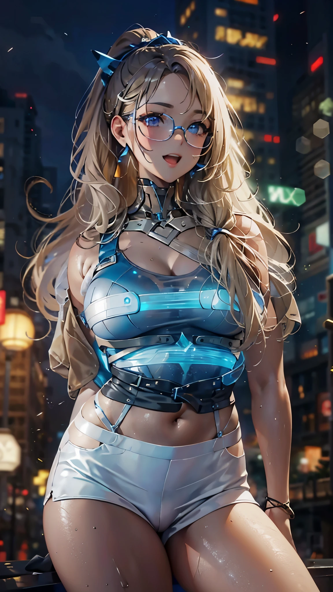 woman,14 years old,,city,night,(((white and blue tight miniskirt bodysuit))),(wet with sweat),open mouth smile((See-through))Glasses,((Beautiful long ponytail)),((baby girl body shape))