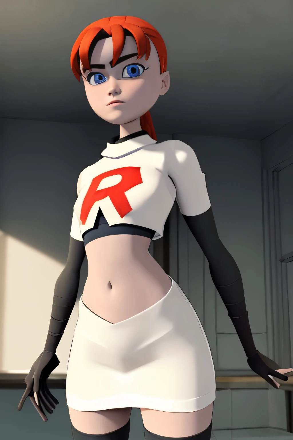 ((masterpiece)), extremely detailed, cinematic lighting,smooth shadows, flat lighting, 3d animation, april2012, beautiful light, wide shot, round head, team rocket,team rocket uniform,white skirt,red letter R,crop top,black thigh-highs,black elbow gloves,