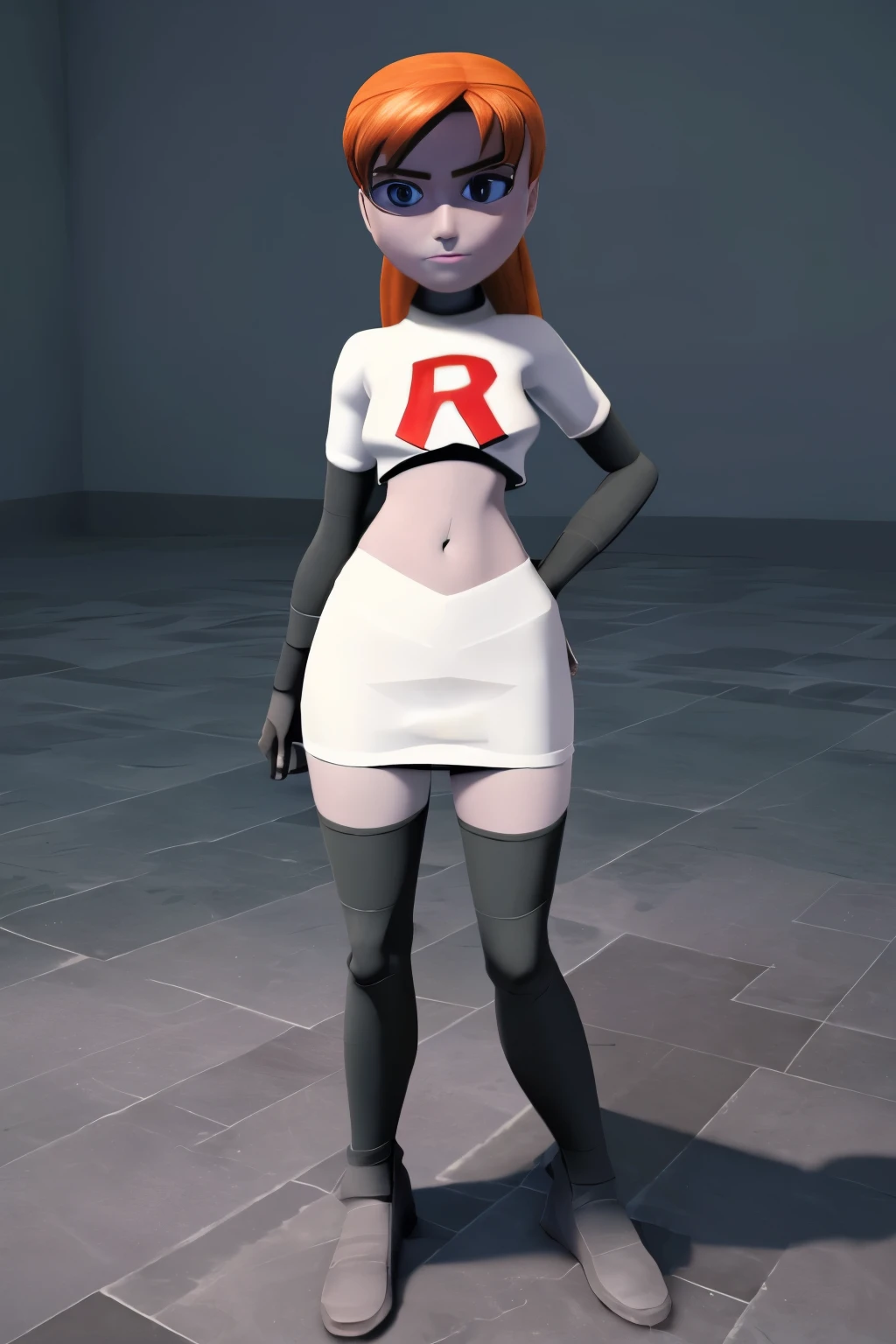 ((masterpiece)), extremely detailed, cinematic lighting,smooth shadows, flat lighting, 3d animation, april2012, beautiful light, wide shot, round head, team rocket,team rocket uniform,white skirt,red letter R,crop top,black thigh-highs,black elbow gloves,