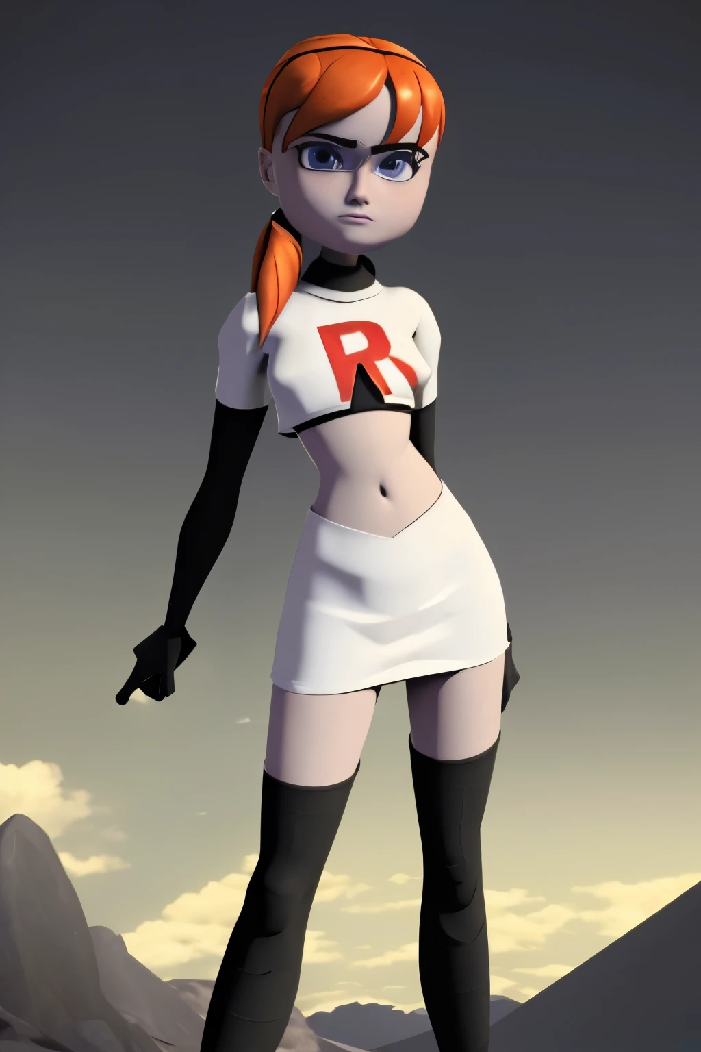 ((masterpiece)), extremely detailed, cinematic lighting,smooth shadows, flat lighting, 3d animation, april2012, beautiful light, wide shot, round head, team rocket,team rocket uniform,white skirt,red letter R,crop top,black thigh-highs,black elbow gloves,