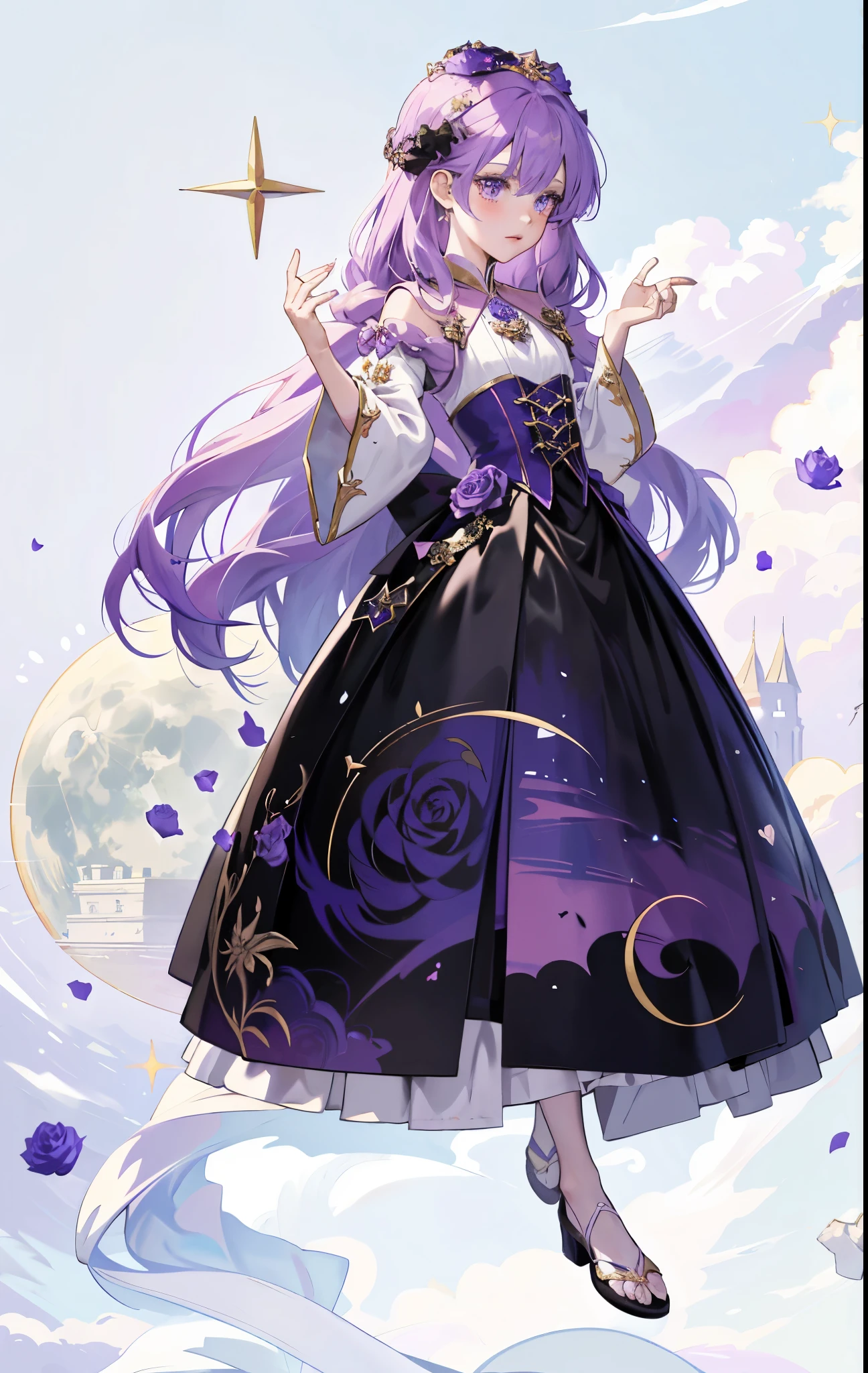 Anime girl in skirt with purple rose on her head, my dress up darling anime, Cute anime waifu wearing beautiful clothes, Moon themed clothing, Astral Witch Clothes, fantasy dress, Dress up in dreamy formal attire, wearing clothes, magic dress, fantasy costumes, ((wearing noble robes)), I will deny this, Anime girl wearing black dress