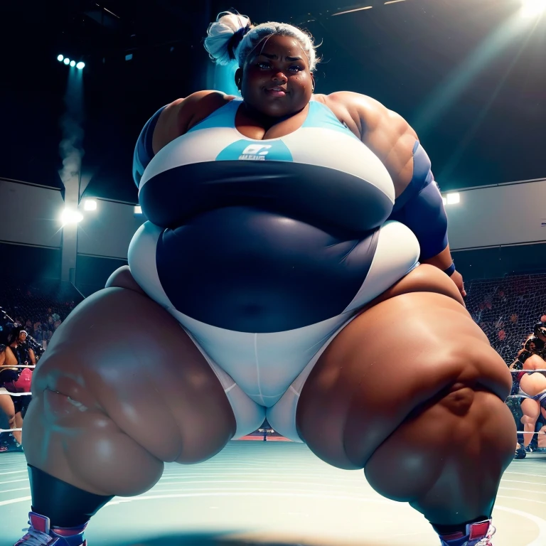 ((Dark skin)), dark skinned female, ((giantess)), ((strongfat)), ssbbw, obese, ((strong arms)), white hair, blue eyes, ((tall)), (gentle smile), (wrestling gear), gigantic, insanely large belly, sweaty, subtle blush, (bare arms), ((biceps)), ((flexing)), leotard, fingerless gloves, wrestling ring background,