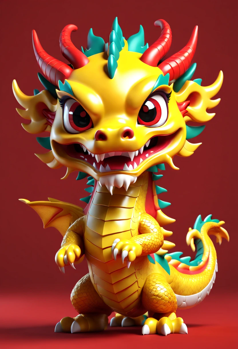 a cute, chibi style Chinese dragon mascot with a slight smile and big eyes, rendered in 3D C4D style, featuring traditional Chinese colors of red and yellow, with a warm solid color background adorned with Chinese New Year traditional elements