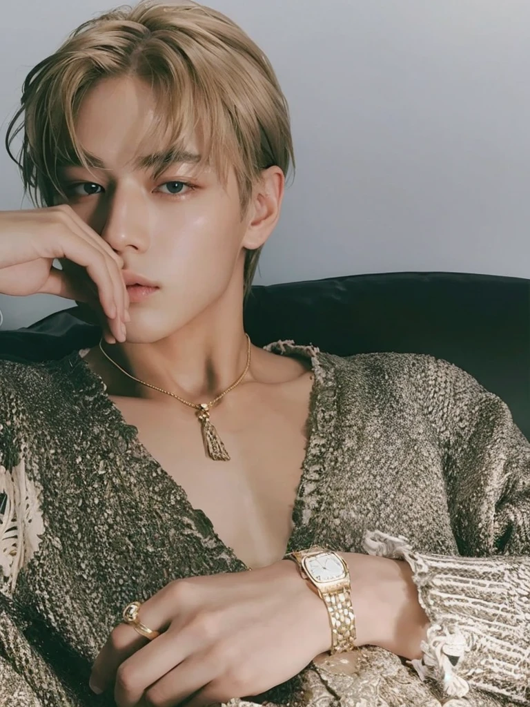 a close-up of a person sitting on a sofa with a clock, hyung tae, inspirado em Kim Taehyung, Taehyung comendo batatas fritas Gucci, handsome androgynous prince, jovem, delicate androgynous prince.
