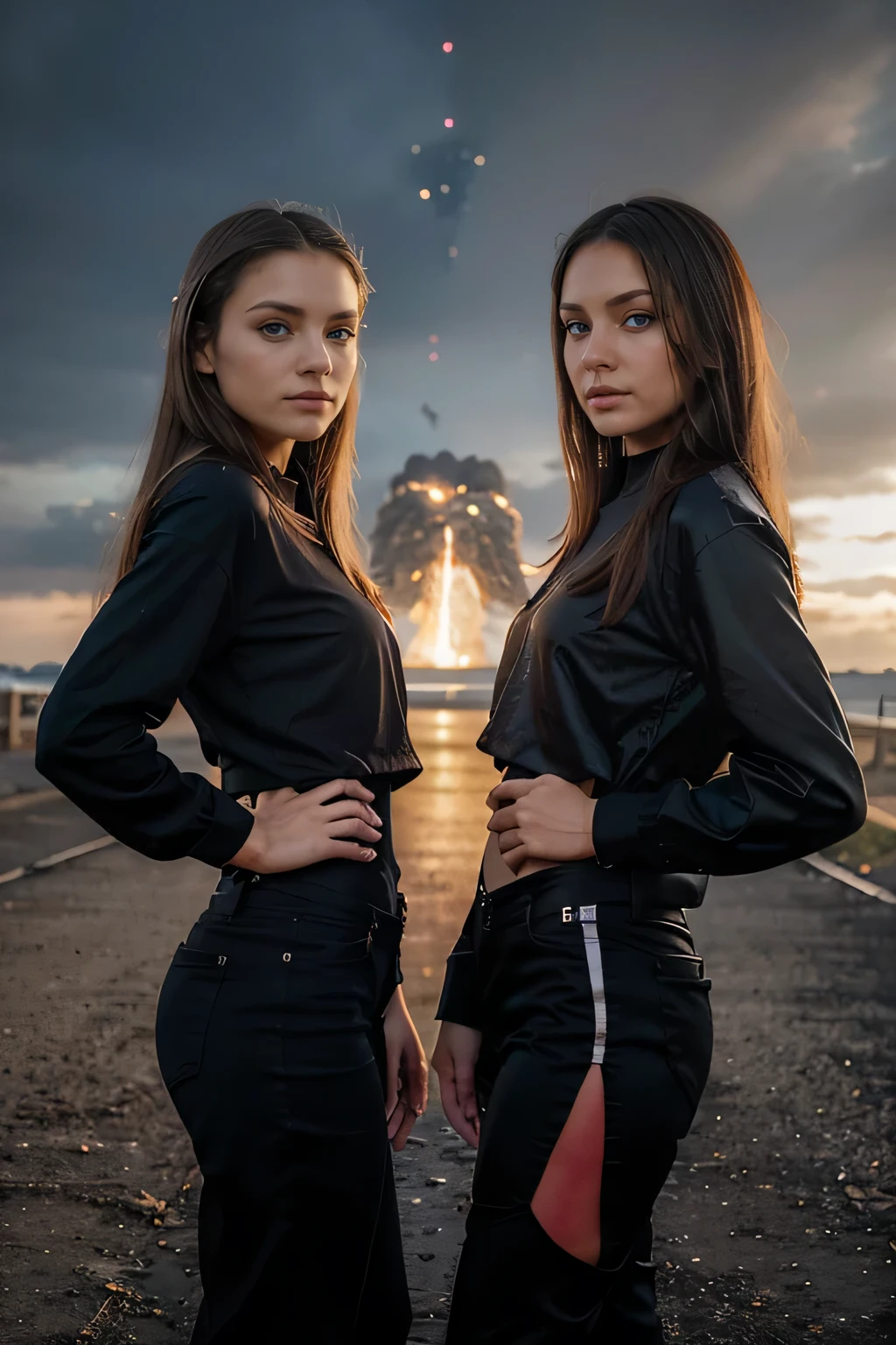 a portrait of two women dressed in a black casual outfit standing side by side posing looking at the camera, with an explosion in the background. La primera mujer es una rubia de rasgos eslavos y ojos azules., la segunda mujer es una latina morena de ojos marrones, ojos perfectamente detallados, Foto de cuerpo completo de manos perfectamente detallada, ojos perfectos y detallados, manos perfectas y detalladas