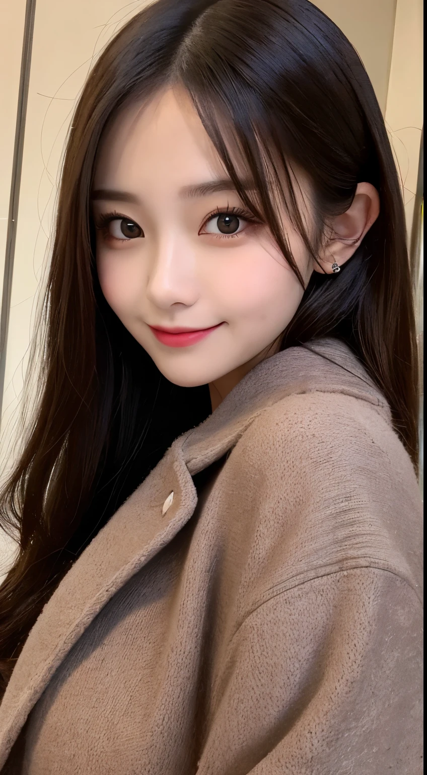 table top, highest quality, shape, Super detailed, finely, High resolution, 8k wallpaper, 完璧なダイナミックな構shape, beautiful and detailed eyes, Gorgeous and stylish black fluffy latest trend Tokyo winter clothes,ランダムなcute髪,small breasts,natural color lip, bold sexy pose,smile、20 year old girl、cute、sexy shot looking at camera,Always blur the background,perfect and beautiful face,Take only the face,beautiful and detailed face、slim face and style,Big eyes、Do gal makeup,real photos、luxury brand mink coat