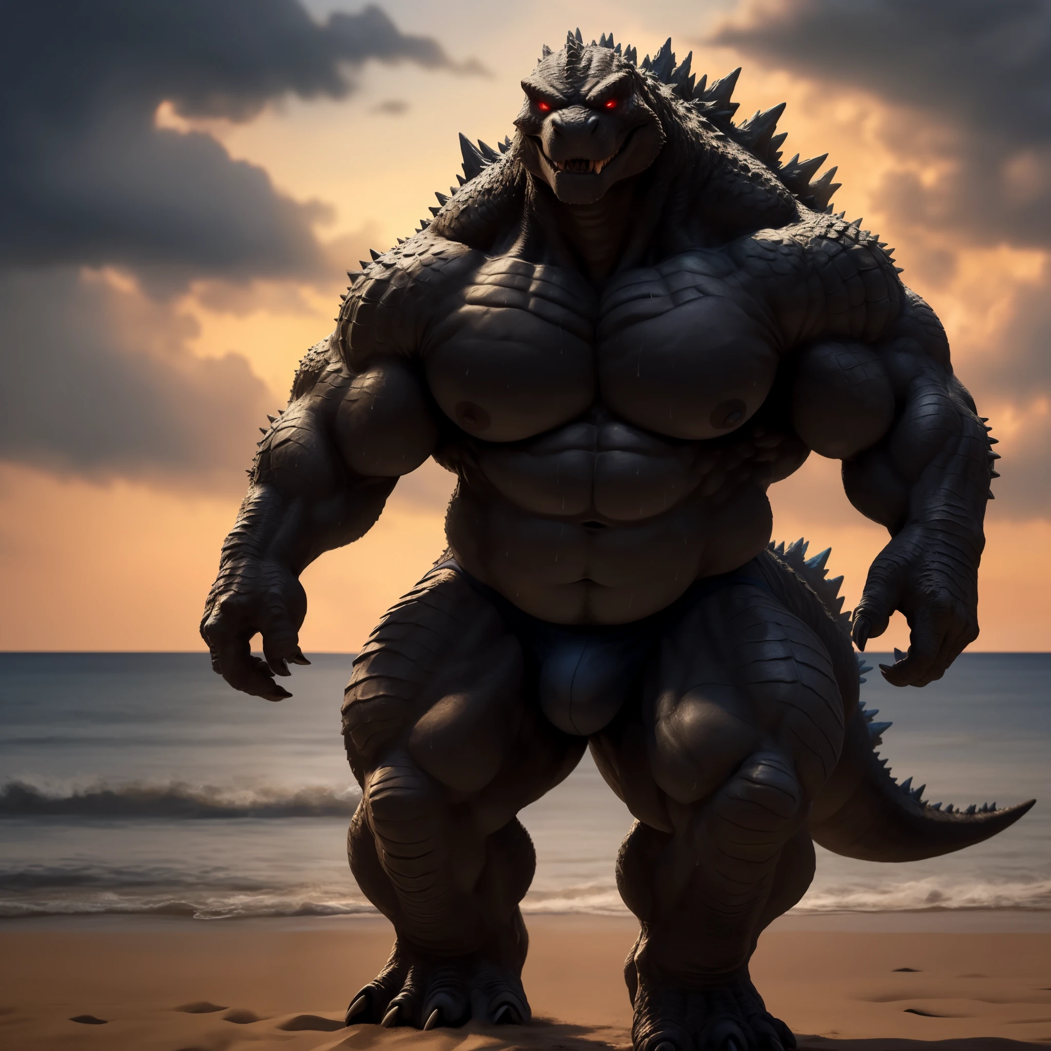 detailed background, godzilla, male anthro godzilla, GodzillaXP (black body, black skin), paws, nipples (((muscular, big pecs, big arms, big spikes, buff, black underwear))), (((beach))), furry, 8k hd, fine details, Wrinkly body, cinematic lighting, detailed background, kenket, breasts, perfect breasts, Perfect, chubby, perfect body, full body, dark toned genitalia, anatomically correct genitalia, red eyes, glowing eyes, empty eyes, close up view, happy, walking, (((smile))), sweating, front view, looking at viewer,
