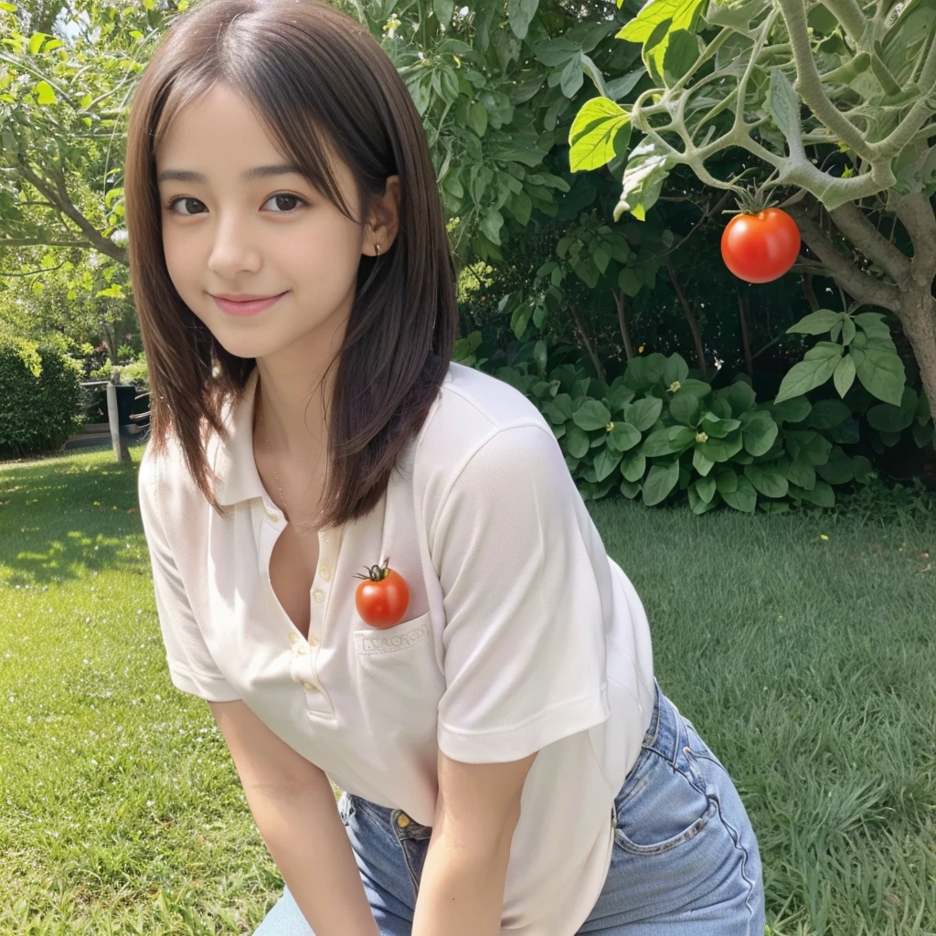 ((A girl is holding a small tomato in her hand)),field,There is a tomato tree in front of me,squatting,1girl),Full body shot from a distance:1.4,ultra-realistic capture, very detailed, 人間の皮膚のHigh resolution16kクローズアップ. Skin texture must be natural, Enough detail to finely identify pores. skin needs to look healthy, with an even tone. Use natural light and color,(highest quality,4K,8K,High resolution,table top:1.2),super detailed,very detailed目と顔,beautiful and fine eyes,beautiful detailed lips,long eyelashes,((realistic)),realistic:1.37,Japanese,fine white skin,(skinny jeans,polo shirt)),beautiful and magnificent composition,Charm,cute,silky smooth and straight hair,sharp focus,sunny,smiling cheerfully,(With a round face),