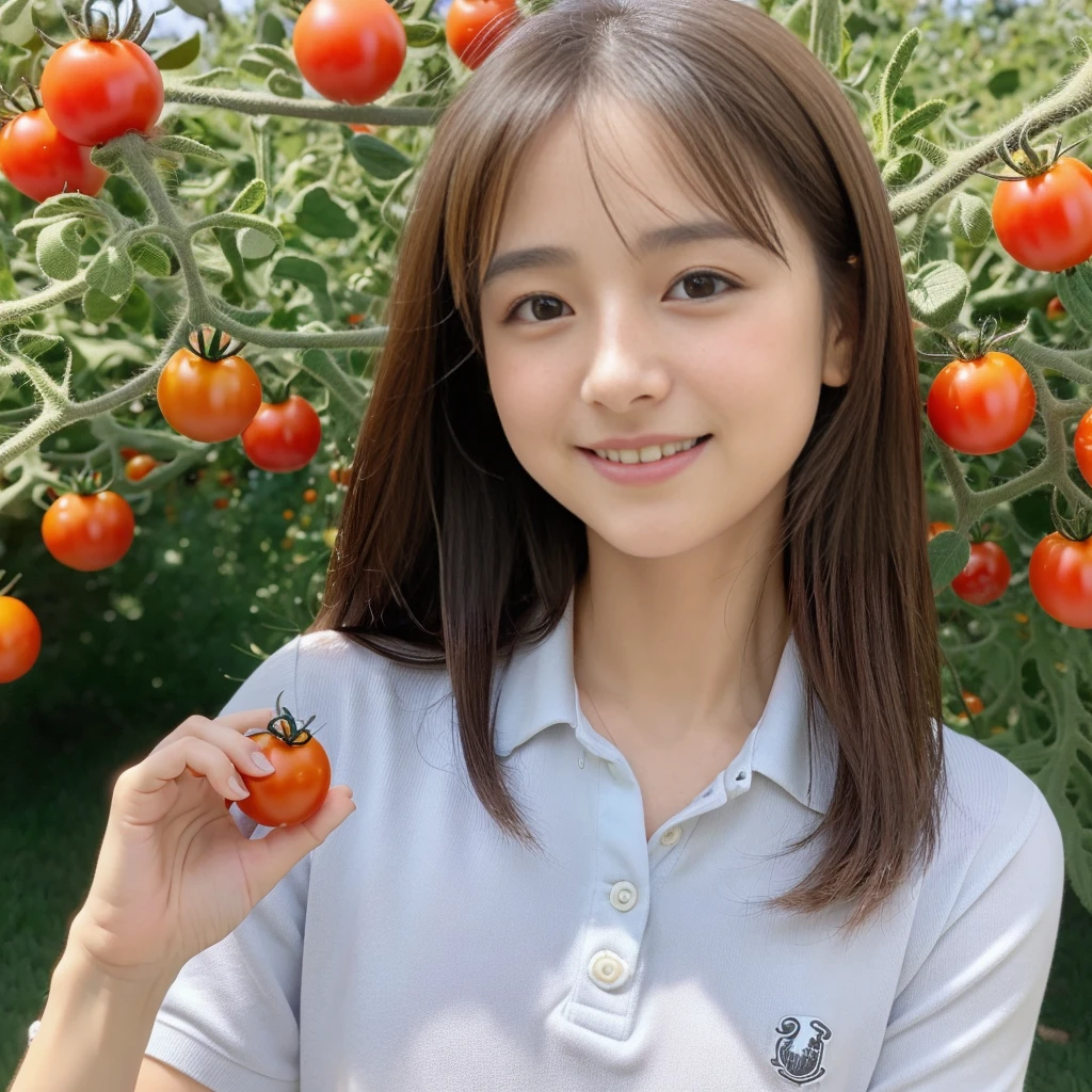 ((A girl is holding a small tomato in her hand)),field,There is a tomato tree in front of me,squatting,1girl),Full body shot from a distance:1.4,ultra-realistic capture, very detailed, 人間の皮膚のHigh resolution16kクローズアップ. Skin texture must be natural, Enough detail to finely identify pores. skin needs to look healthy, with an even tone. Use natural light and color,(highest quality,4K,8K,High resolution,table top:1.2),super detailed,very detailed目と顔,beautiful and fine eyes,beautiful detailed lips,long eyelashes,((realistic)),realistic:1.37,Japanese,fine white skin,(skinny jeans,polo shirt)),beautiful and magnificent composition,Charm,cute,silky smooth and straight hair,sharp focus,sunny,smiling cheerfully,(With a round face),