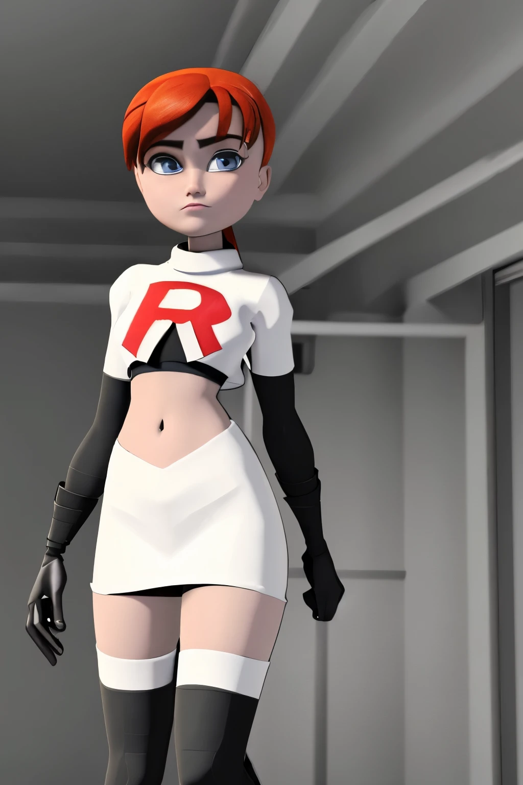 ((masterpiece)), extremely detailed, cinematic lighting,smooth shadows, flat lighting, 3d animation, april2012, beautiful light, wide shot, round head, team rocket,team rocket uniform,white skirt,red letter R,crop top,black thigh-highs,black elbow gloves,
