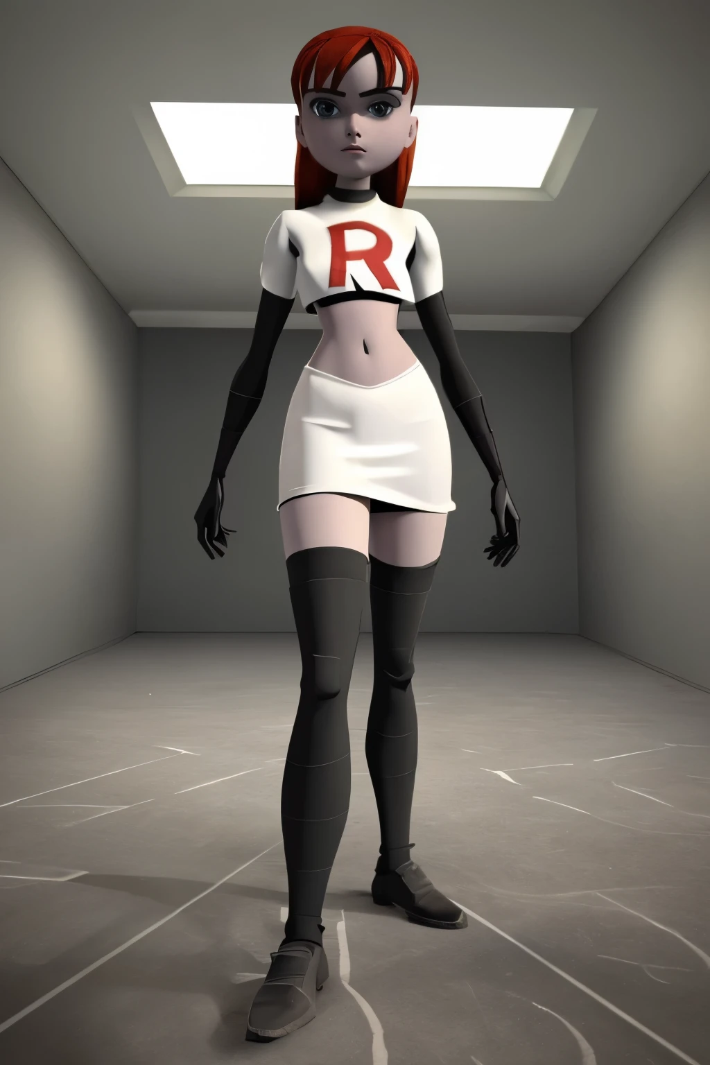 ((masterpiece)), extremely detailed, cinematic lighting,smooth shadows, flat lighting, 3d animation, april2012, beautiful light, wide shot, round head, team rocket,team rocket uniform,white skirt,red letter R,crop top,black thigh-highs,black elbow gloves,