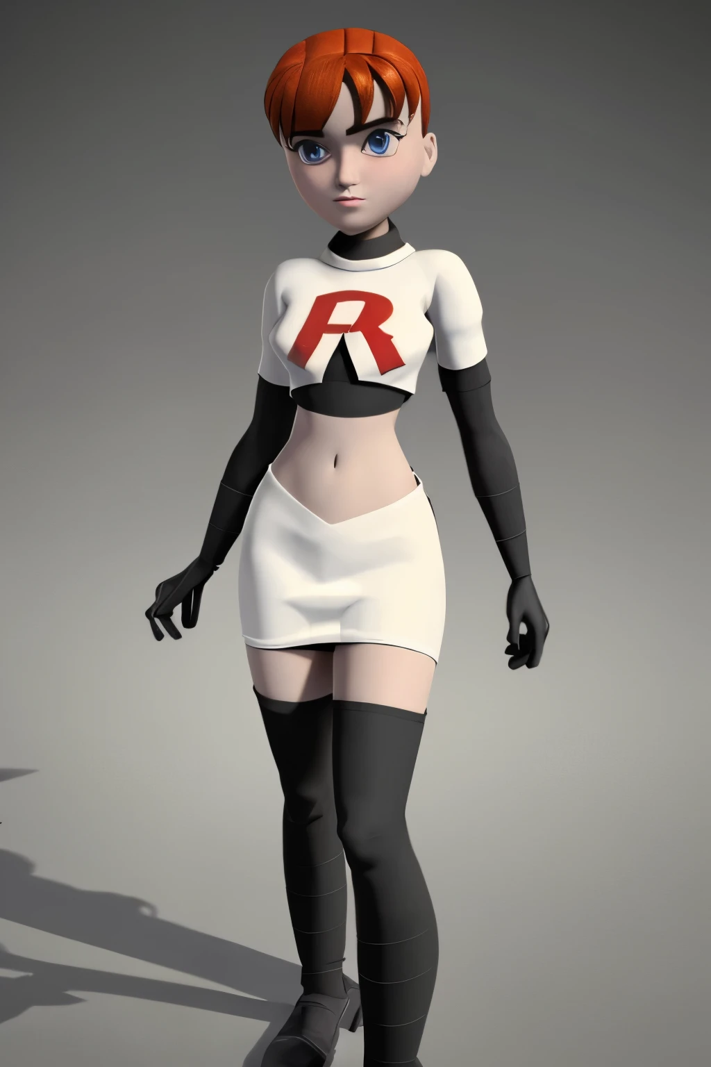 ((masterpiece)), extremely detailed, cinematic lighting,smooth shadows, flat lighting, 3d animation, april2012, beautiful light, wide shot, round head, team rocket,team rocket uniform,white skirt,red letter R,crop top,black thigh-highs,black elbow gloves,
