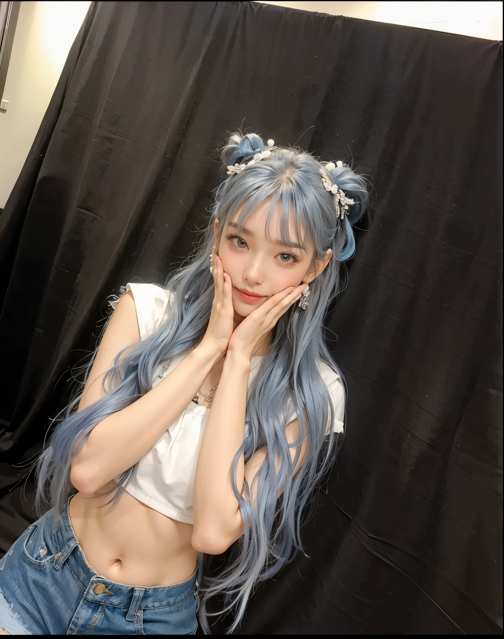 Blue haired arafed woman posing for a photo, Ulzzang, sakimichan, Belle Delphine, silver hair (ponytail), Larisa Manobar, hair whitebangs hair, e girl, e-girl, long white hair and bangs, sky blue straight hair, With bangs, with full bangs, Blue gray, shikamimi, highest quality,8K, Detailed facial depiction, Detailed description of the eyes, silver hair,(long wavy hair),1 girl, 21 years old, taking off underwear, Bear Breast, Because I'm slender, small breasts, sit with legs apart, smile, Colorful earrings, necklace, Fine, clean skin,transparent skin,