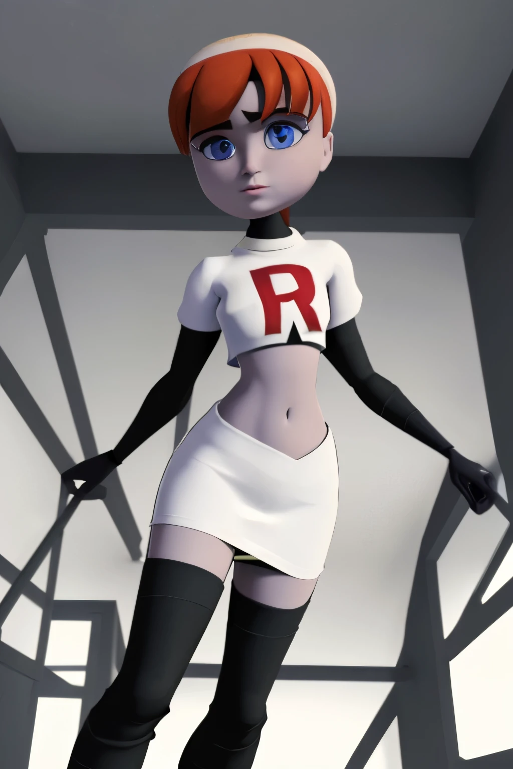((masterpiece)), extremely detailed, cinematic lighting,smooth shadows, flat lighting, 3d animation, april2012, beautiful light, wide shot, round head, team rocket,team rocket uniform,white skirt,red letter R,crop top,black thigh-highs,black elbow gloves,