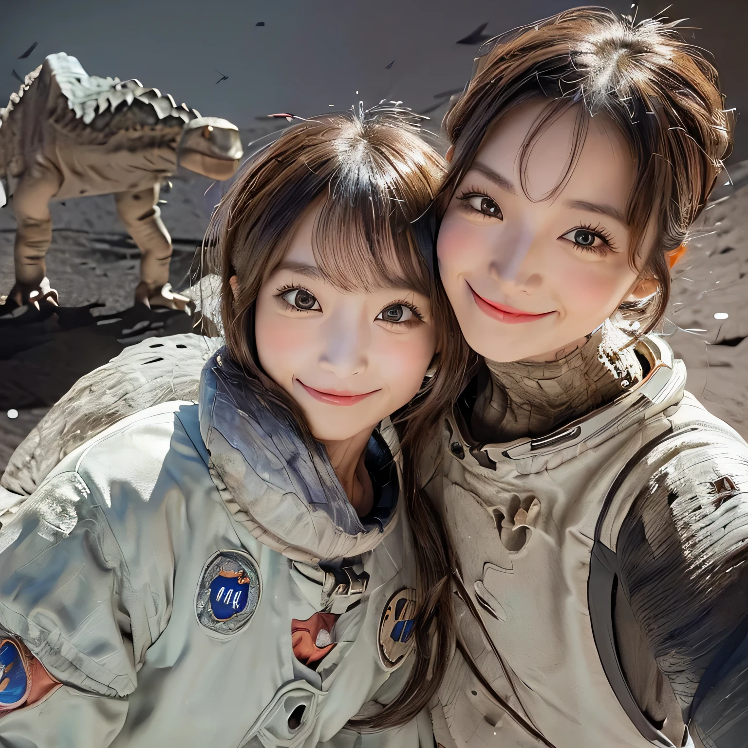 (Girl and a dinosaurs on the moon:1.5) ,(landing on the moon:1.2),(dinosaurs:1.2),original photography,(ultimate beauty portrait、sparkling skin、1 girl、Smile、brown hair、Big eyes sparkling like gems、Harajuku、24 year old beautiful girl),space suit,Chinese flag logo on clothes