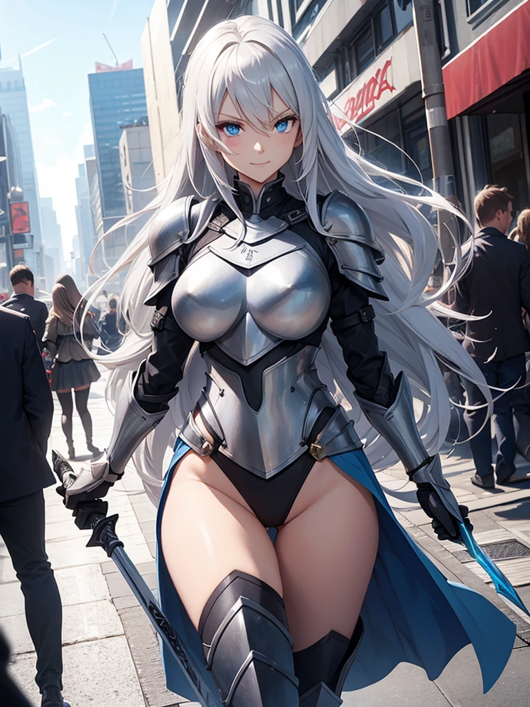 Female knight, leotard armor, long silver hair, blue eyes, smiling, walking in the crowded city, holding a weapon in hand, huge bust