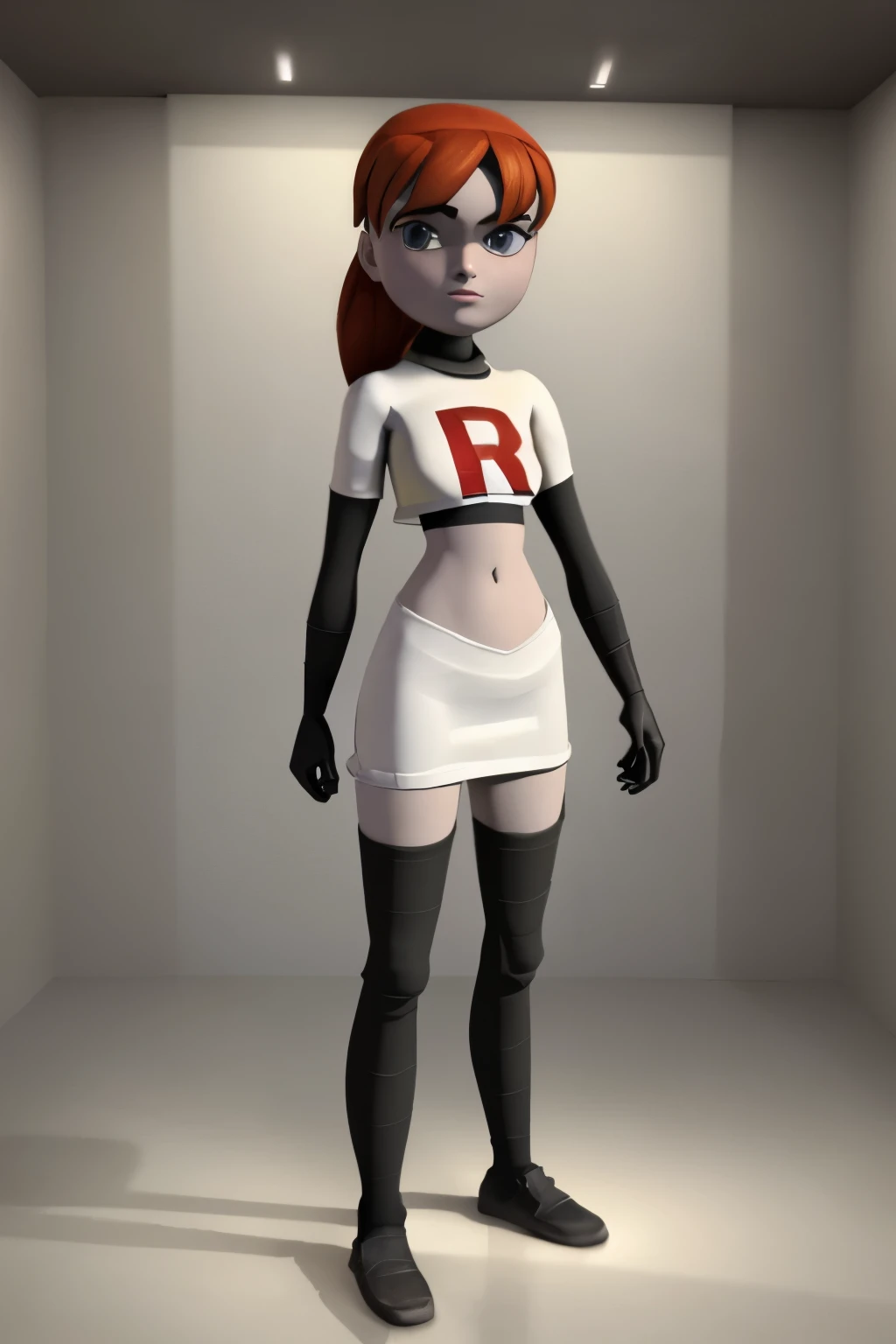 ((masterpiece)), extremely detailed, cinematic lighting,smooth shadows, flat lighting, 3d animation, april2012, beautiful light, wide shot, round head, team rocket,team rocket uniform,white skirt,red letter R,crop top,black thigh-highs,black elbow gloves,