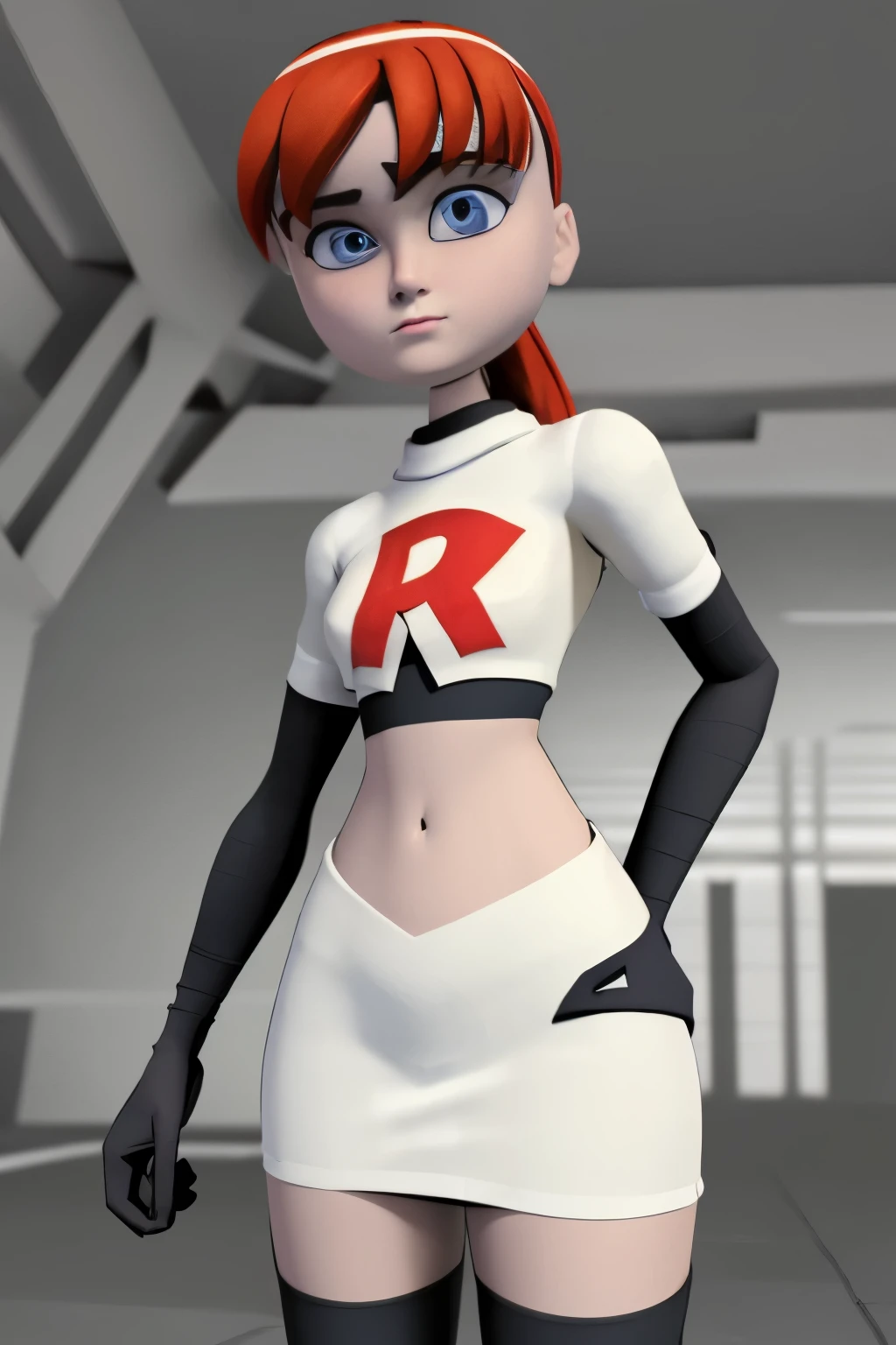 ((masterpiece)), extremely detailed, cinematic lighting,smooth shadows, flat lighting, 3d animation, april2012, beautiful light, wide shot, round head, team rocket,team rocket uniform,white skirt,red letter R,crop top,black thigh-highs,black elbow gloves,