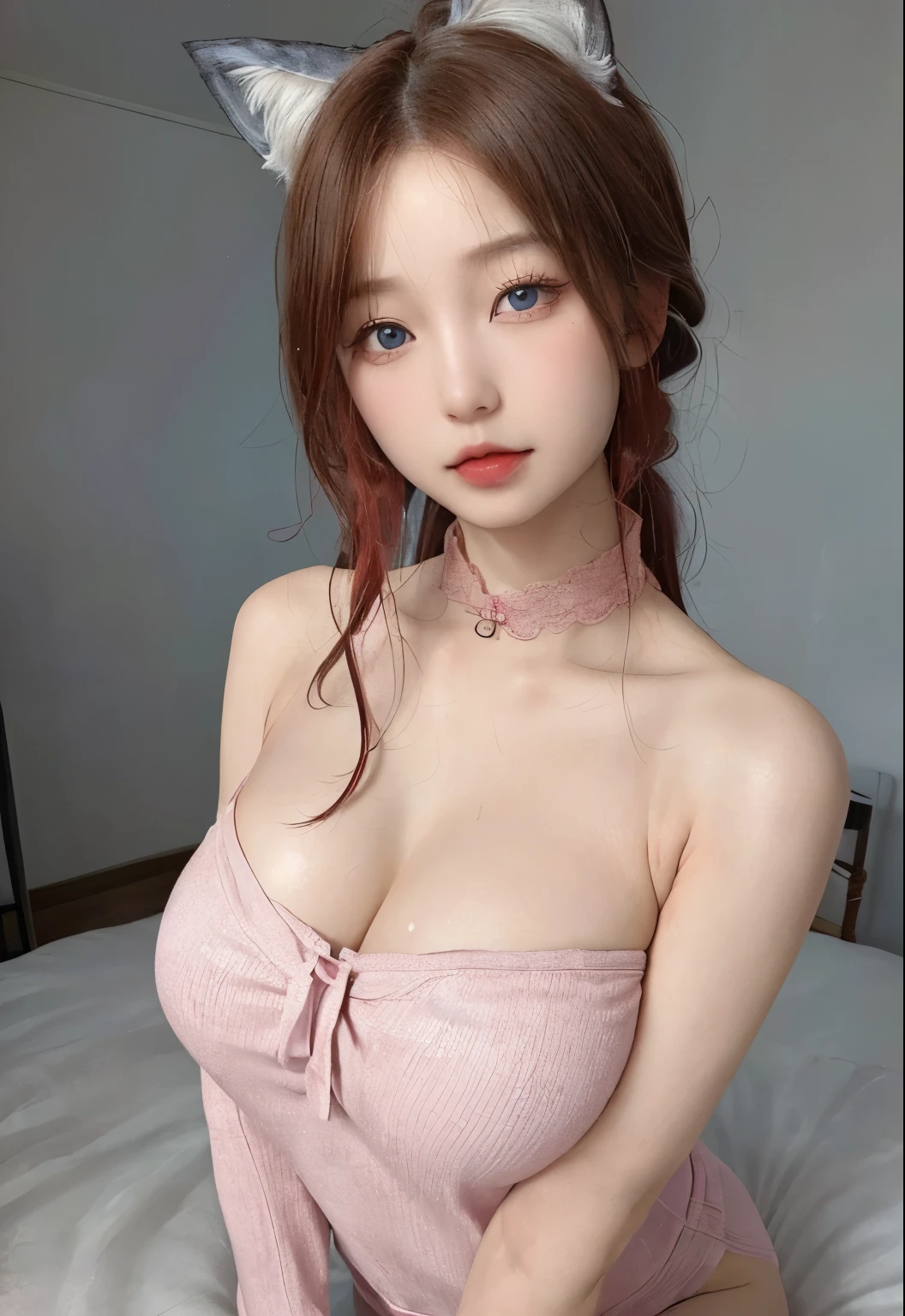(ung girl), amazing face and eyes, pink eyes, (very beautiful girl), (the bestquality:1.4), (Super detailed), (masterpiece, the best_quality, Super detailed, 8k, ultra high definition, flawless:1.latin blue hair, blue hair，catwoman,, cat ears, glowing pink eyes, Shy, Compliant, Blushed, Wet oily skin, on the bed, Big deal胸, heart tattoo above, , Big deal腿粗, Beautiful hip curve, 巨Big deal, only, tight skin, scantily clad,Pink lace top, collar, facing the audience, Windows, bedroom, midnight, Sexy,,japanese goddess, Cardigan shirt, korean girl, 美丽的asian girl, V-shaped bust clothes, low cut，巨Big deal，Expose the upper half of the chest，not compact，下垂的Big deal胸，Gorgeous Chinese model, Beautiful young Korean woman, Japanese model, thick lips，duck mouth，asian girl, Beautiful young Korean woman, wearing shirt, beautiful korean woman, 坐on the bed, Looking to the future,巨Big deal，Big deal，up,portrait photo，super closeup,face camera，Take photos carefully，double tail，Red hair长波浪，Red hair，European and American women，，Mature
