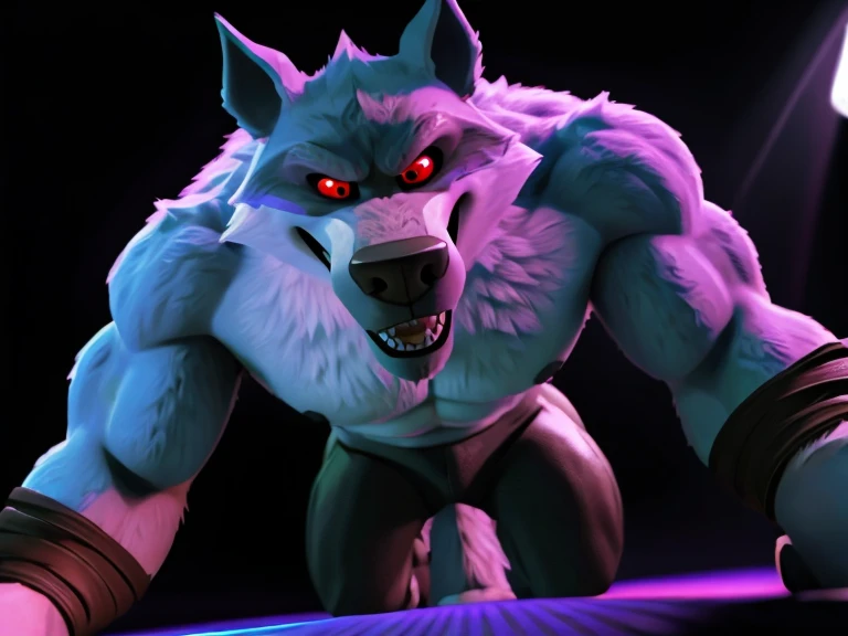 deathwolf, 4k, high resolution, best quality, posted on e621, solo, anthro body, male, adult, very masculine, (very muscular, big pectorals, abs, sixpack, heavyweight, musclegut, defined muscles:1.3), (no background, black background, purple fire, blurry background:1.2), (red eyes, looking at camera:1.1), (photorealistic shading, detailed cgi, pixar, detailed:1.2), serious eyes, open mouth, smile, smirk (on all fours, crawling towards camera:1.1), (black pants:1.2), bare torso, (dramatic lighting, darkness:1.6), (glow:1.3)