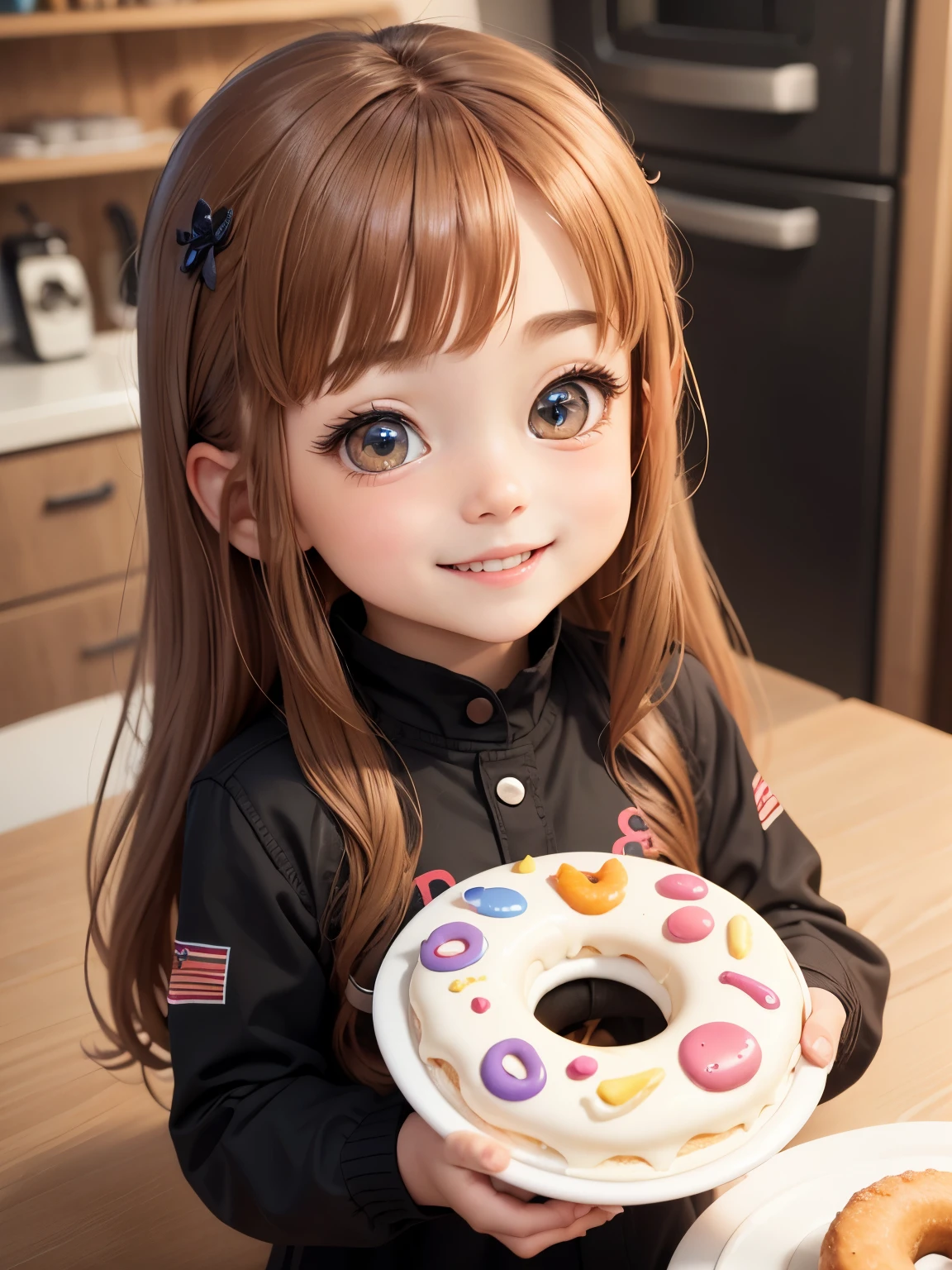 best image quality、detailed eyes、long eyelashes、Many colorful donuts on a white plate、A young girl happily laughing and eating donuts、Cute smile、best smile、chibi character、super deformed、big head and 、Very pretty girl、long chestnut hair、Surprisingly big, round, shining eyes、