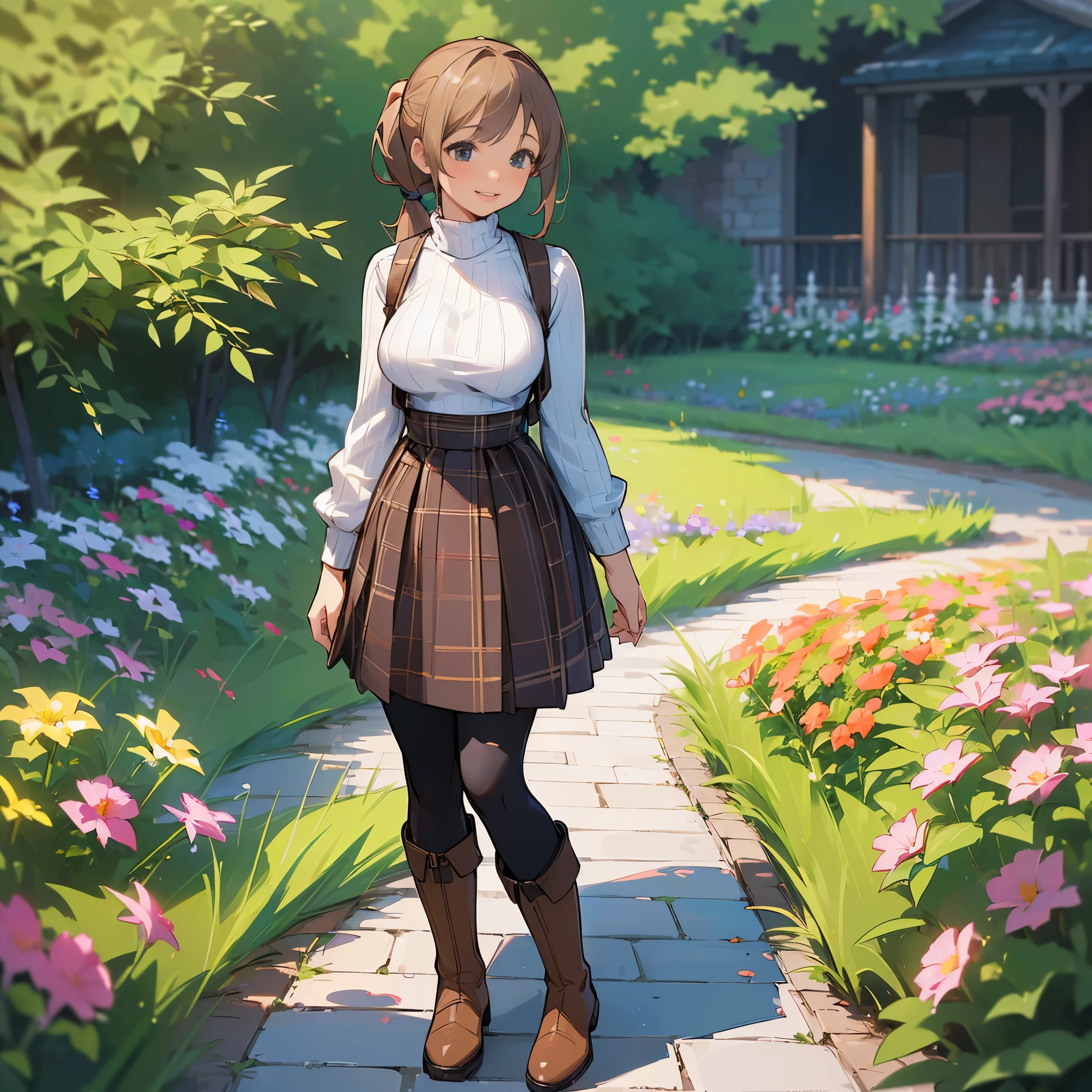 (high quality, high resolution, Super detailed, Reality:1.37), peaceful atmosphere, (outdoor, garden), age girl standing alone, (My breasts are big.), Beautiful detailed features, cute smile, (brown ponytail), ribbed sweater, blue plaid skirt, Black tights, brown boots.