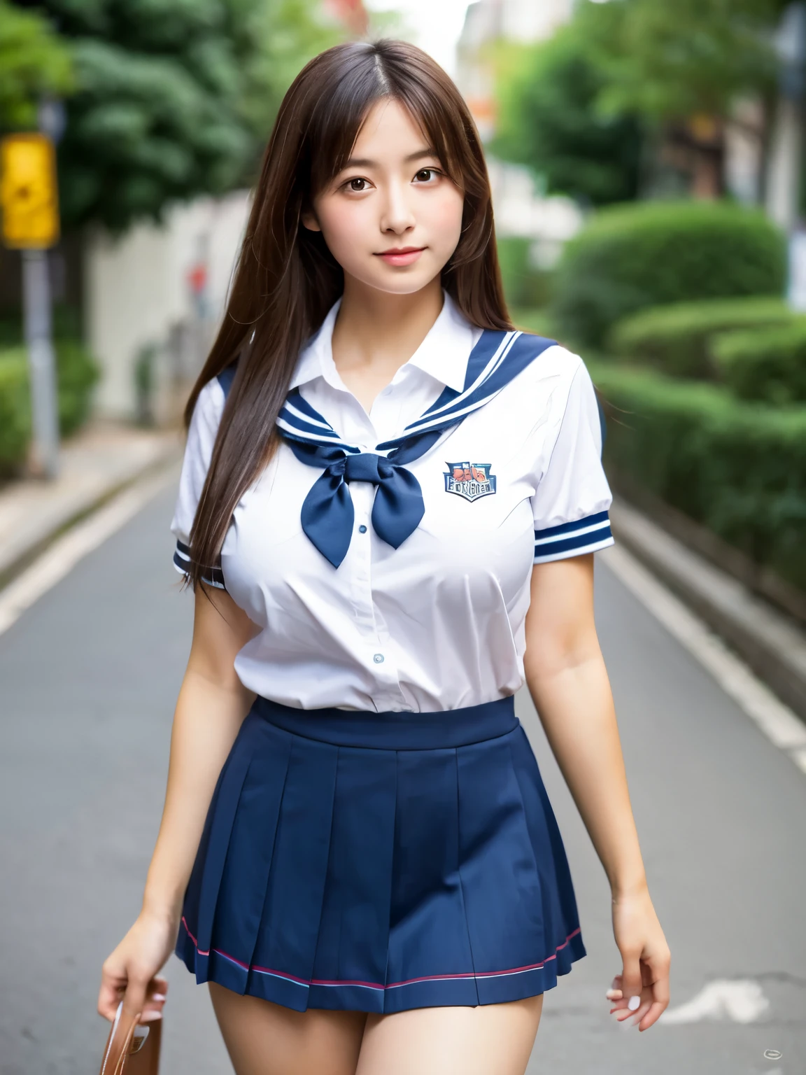 (masterpiece:1.2), super high quality, japanese girl, (super realistic), (super photographic style), 1girl, ((full body)), (thighs), at noon, fine day, straight hair, (18 years old), chubby, (large tits), (cute face), (((school uniform))), short sleeves, (((thighs))), on a backstreet,
