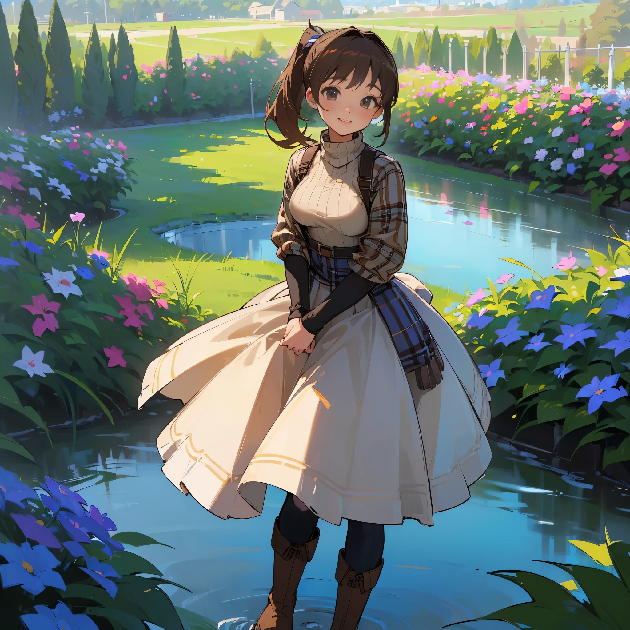 (high quality, high resolution, Super detailed, Reality:1.37), peaceful atmosphere, (outdoor, garden), girl standing alone, (My breasts are big.), Beautiful detailed features, cute smile, (brown ponytail), ribbed sweater, blue plaid skirt, Black tights, brown boots.