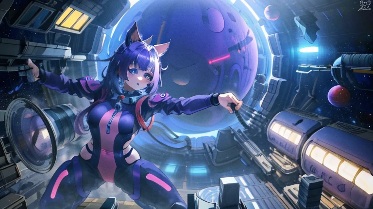 futuristic girl, purple colored eyes, space, purple hair, blue hair, pink hair, long hair, furry, cat ears, tight suit, stretch marks, holding Earth, huge tits