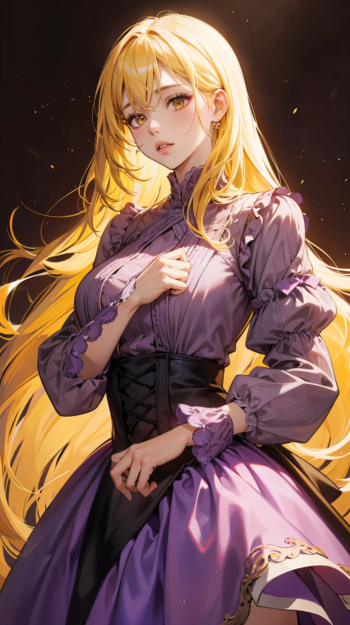 1girl, yellow hair, long hair, blonde, brown eyes, purple dress, long sleeve, parted lips, big 