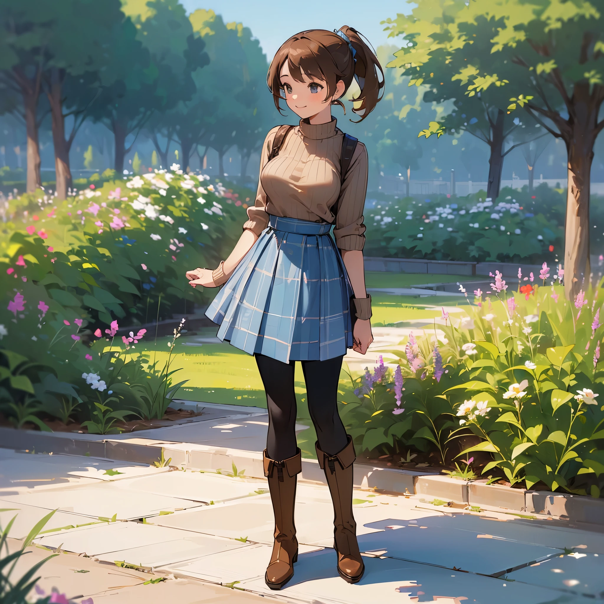 (high quality, high resolution, Super detailed, Reality:1.37), peaceful atmosphere, (outdoor, garden), Teenage girl standing alone, (My breasts are big.), Beautiful detailed features, cute smile, (brown ponytail), ribbed sweater, blue plaid skirt, Black tights, brown boots.