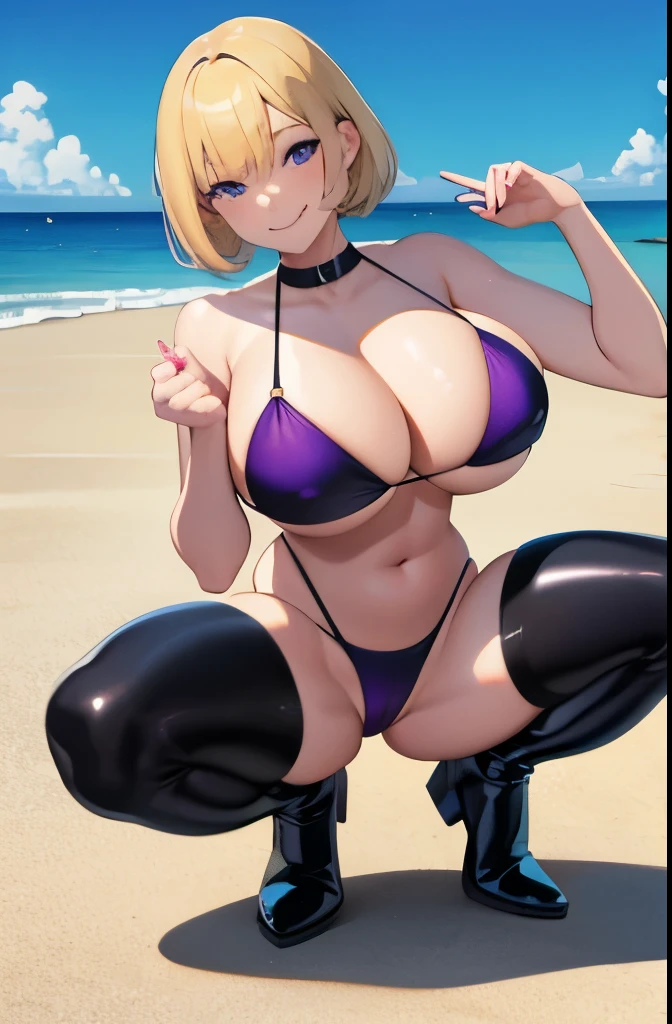 blonde hair,bob,bangs,purple eyes,big breasts,big breasts,Completely naked,Erotic,nsfw,smile,Happy,put your hands on the back of your head,squatting,M-shaped legs,Spread your legs apart,black patent bikini,short boots,beach