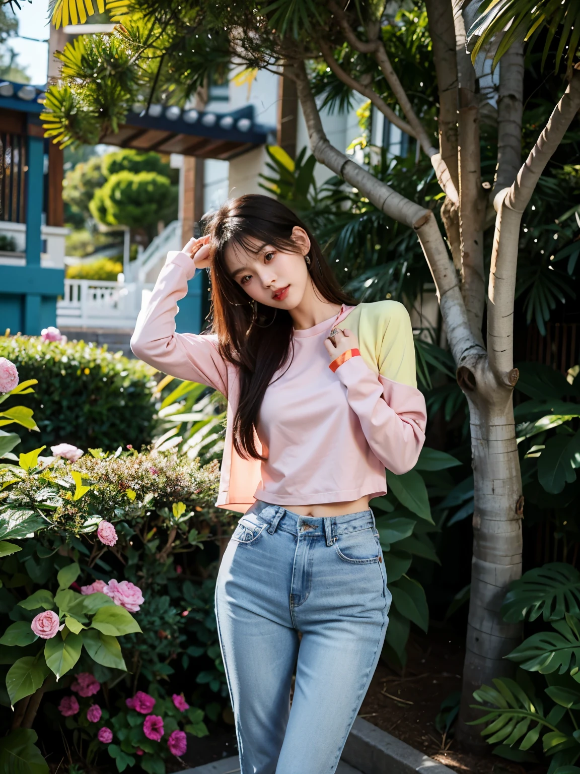 Woman wearing pink top and jeans posing for photo, thin waist粗臀, Photos of slim girls, Beautiful young Korean woman, Photos of slim girls model, beautiful korean woman, korean girl, Korean female fashion model, thin waist, Beautiful young Korean woman, wearing tight simple clothes, 24 years old female model