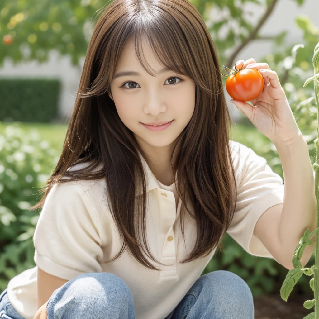 ((A girl is holding a small tomato in her hand)),field,There is a tomato tree in front of me,squatting,1 girl,しゃがむ,Full body shot from a distance:1.4,ultra-realistic capture, very detailed, 人間の皮膚のHigh resolution16kクローズアップ. Skin texture must be natural, Enough detail to finely identify pores. skin needs to look healthy, with an even tone. Use natural light and color,(highest quality,4K,8K,High resolution,table top:1.2),super detailed,very detailed目と顔,beautiful and fine eyes,beautiful detailed lips,long eyelashes,((realistic)),realistic:1.37,Japanese,fine white skin,(skinny jeans,polo shirt)),beautiful and magnificent composition,Charm,cute,silky smooth and straight hair,sharp focus,sunny,smiling cheerfully,(With a round face),