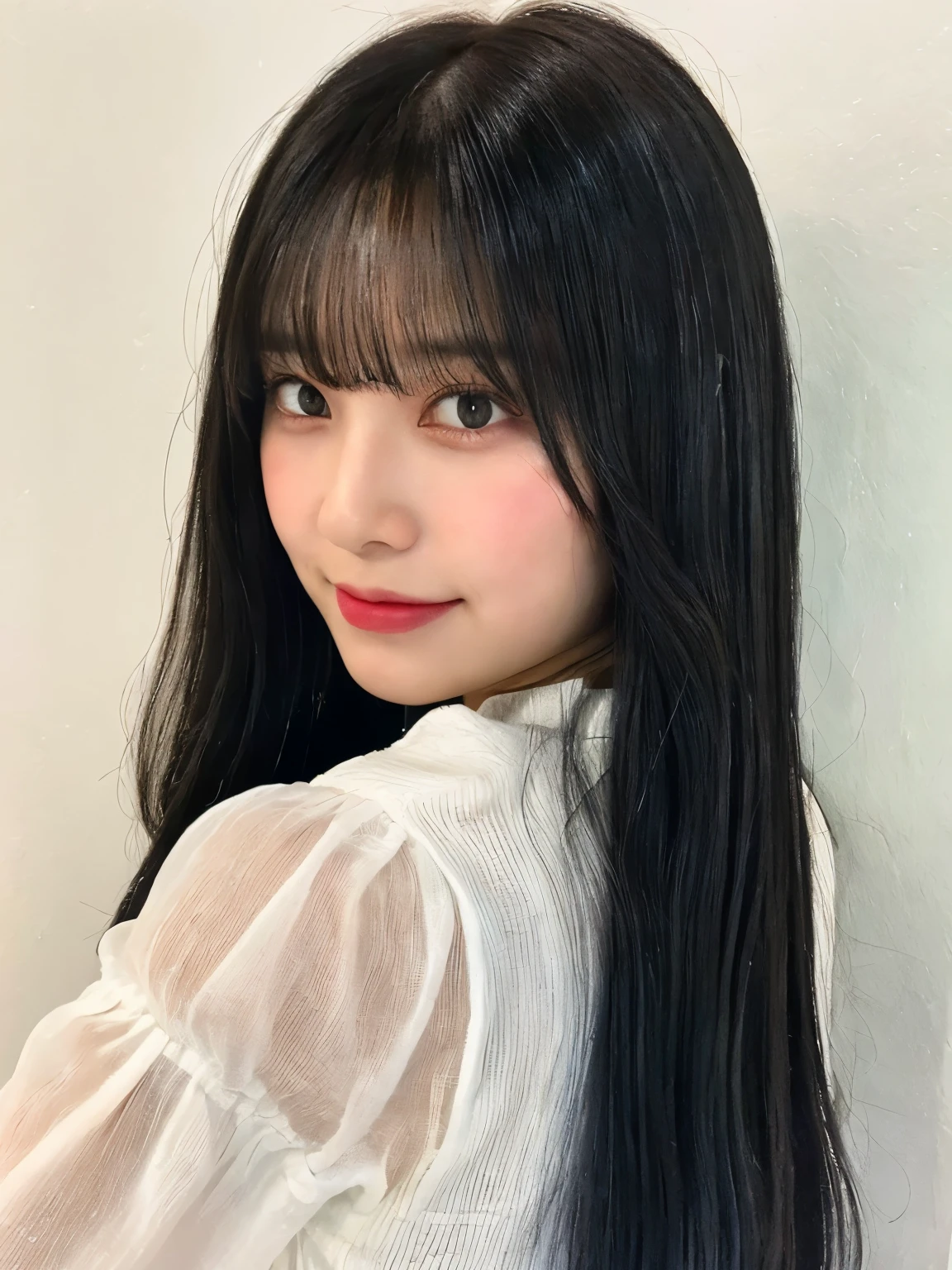 (White wall on background、Black hair with center part bangs:1.4)、long bangs、center division、Beautiful forehead、30 generation women、((long sleeve blouse))、Taken in front of the white door、(white wall room with window)、(8K、Live shooting、highest quality、masterpiece:1.2)、High-definition RAW color photo、professional photos、(real、フォトreal:1.37)、Shot in natural light、1 girl、A sloppy smile、(various poses)、necklace、(Beautiful profile:1.3)、Don't look at the camera、medium hair、long hair、Eye color is dark brown、(Beautiful profile:1.3)、correct hand of human body、pastel clothing、correct state of the human body、natural color lip、Shot in well-lit areas