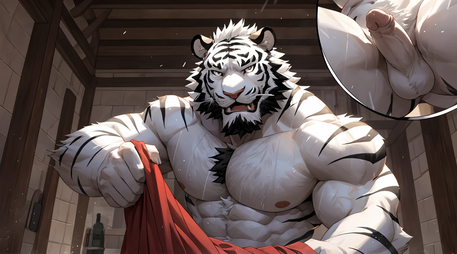 human nature((dramatic))epic, dynamic poses, dynamic angle, a scene in, Extreme perspective and powerful composition, ridiculous, (super detailed), sharp focus, Genji, Eye, black Eye, hairy, white fur, Black and white fur, Blackbeard, human nature (White Tiger), male, middle aged, white body, white belly, muscular, super detailed face, (delicate Eye), 1 boy, Take a shower in a medieval bathhouse, Use of towels, naked, (Dick 1.2)motion blur, (best quality), (masterpiece), high detail, high quality, Award-winning, high resolution, HD, 16k, Yes, (close up:1.5)