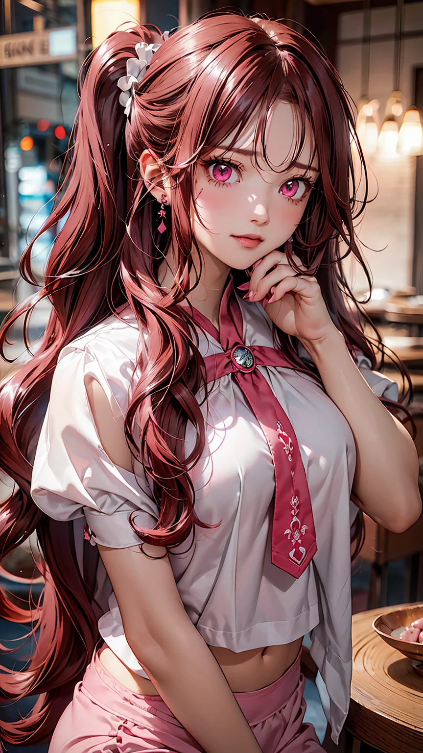 detailed face、long eyelashes、detailed eye、crimson long hair、wavy hair、ponytail、Woman tying hair、(pink eyes:1.3)、(dark red hair)、big breasts:1.5、a seductive look、human、earrings、high quality、Gorgeous thighs:1.3、shiny skin、White denim shorts、Short white T-shirt、Sewn、butt、outdoor、