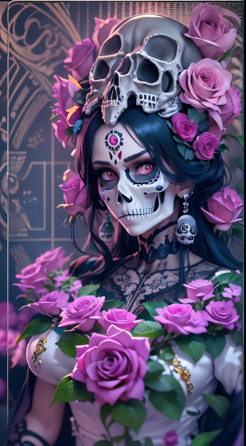 "Floral Crown": A detailed image showcasing Catrina La Muerte wearing an elaborate floral crown, adorned with vibrant blooms and delicate petals, representing the connection between life, beauty, and the cycle of nature, Surrealism, color field printing, high detail, UHD, 8k, anatomically correct, cinematic lighting 4d quality