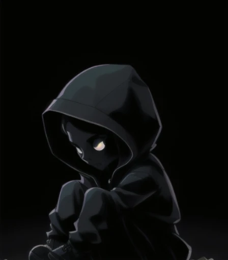 a black encapuzadoie sitting on the ground with a hoodie on, vestido escuro, encapuzado figure, clima sombrio e frio, dark camuflado figure, papel de parede escuro, capuz preto, foto do perfil 1024px, camuflado, 'lonely and shadowy figure'!!, sem rosto, with sem rosto, pessoas sem rosto escuras, encapuzado, vestindo um capuz escuro