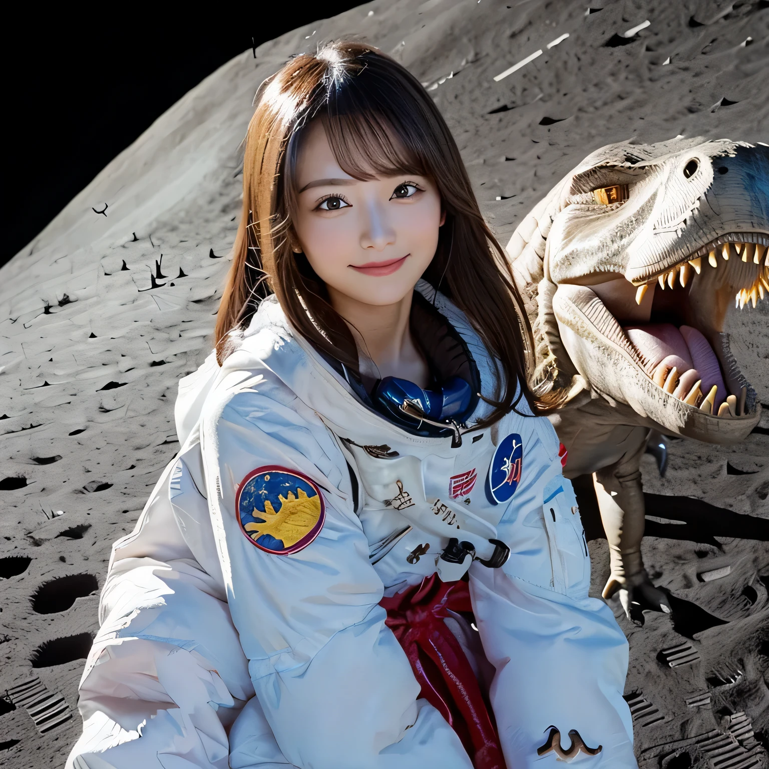 (Girl and a dinosaurs on the moon:1.5) ,(landing on the moon:1.2),(dinosaurs:1.2),original photography,(ultimate beauty portrait、sparkling skin、1 girl、Smile、brown hair、Big eyes sparkling like gems、Harajuku、24 year old beautiful girl),space suit,Flag of China 