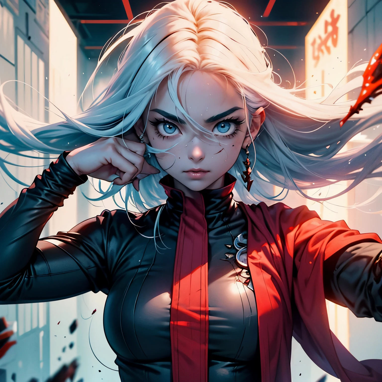 Chica que tenga como poder ultizar su propia sangre como arma, pueda darle forma,  make a lethal liquid that burns and sets fire to anything it touches, also that he has the ability to detach parts of his body, leaving only one unit through a blood line that keeps them connected..