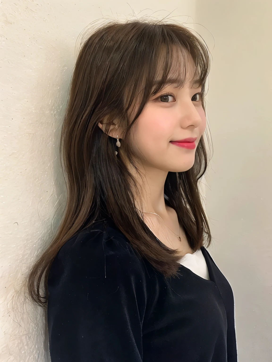 (White wall on background、No bangs:1.4)、black hair、long bangs、center part、Beautiful forehead、30 generation women、((long sleeve blouse))、Taken in front of the white door、(white wall room with window)、(8K、Live shooting、highest quality、masterpiece:1.2)、High-definition RAW color photo、professional photos、(real、フォトreal:1.37)、Shot in natural light、1 girl、A sloppy smile、(various poses)、necklace、(Beautiful profile:1.3)、Don't look at the camera、medium hair、long hair、Eye color is dark brown、(Beautiful profile:1.3)、correct hand of human body、pastel clothing、correct state of the human body、natural color lip、Shot in well-lit areas