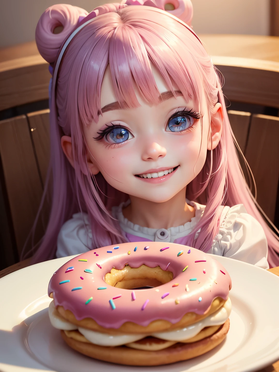 best image quality、detailed eyes、long eyelashes、Many colorful donuts on a white plate、A young girl happily laughing and eating donuts、Cute smile、best smile、chibi character、super deformed、big head and 、A very pretty girl with surprisingly large, round, and bright eyes.