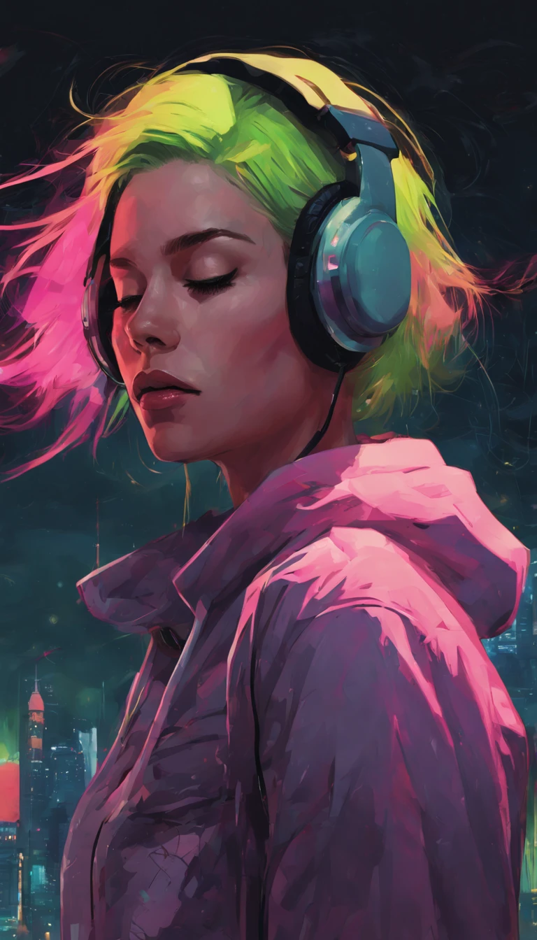 A female wearing headphones, bob hair, eyes closed, slight smile, hands on ear, neon colored hair, hoodie on, night, neon themed, flying particles, fog, windy, neon city background, surreal, best quality digital painting, style of Adam Hughes